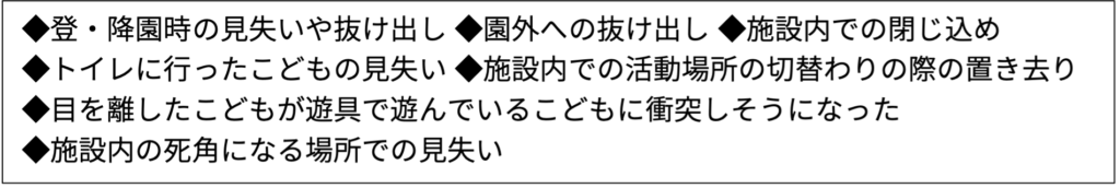 登・降園時の見失いや抜け出し 園外への抜け出し 施設内での閉じ込め トイレに行ったこどもの見失い 施設内での活動場所の切替わりの際の置き去り 目を離したこどもが遊具で遊んでいるこどもに衝突しそうになった 施設内の死角になる場所での見失い